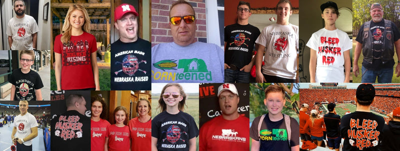Multiple images of people wearing Bleed Husker Red t-shirts
